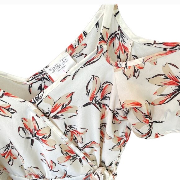 Sienna Sky Floral Cold Shoulder Cream Off-White Flowy Blouse W/Front Tie Small - Picture 4 of 8